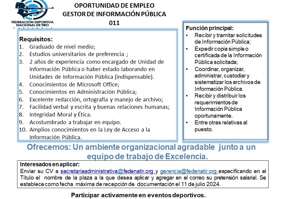 OPORTUNIDAD DE EMPLEO GESTOR DE INFORMACIÓN PÚBLICA 011