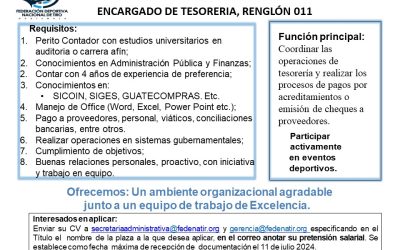 OPORTUNIDAD DE EMPLEO ENCARGADO DE TESORERIA, RENGLÓN 011