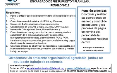 OPORTUNIDAD DE EMPLEO ENCARGADO DE PRESUPUESTO Y PLANILLAS, RENGLÓN 011